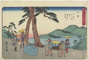 A Mugen-hegy és az Éjszakai Síró Kő távoli látképe a Szajó Monatain-hágónál, Nissaka, 1841-1842