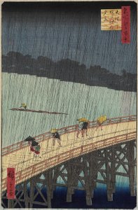 Atake távoli kilátása az esti zuhanyban az O_hashi híd felett, 1857. július