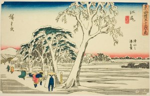 Ejiri: Távoli kilátás Shimizu kikötőjére tiszta időben havazás után (Ejiri, Shimizu no minato enbo, yukibare), a "Tokaido ötvenhárom állomása (Tokaido gojusan tsugi no uchi)" sorozatból, más néven Gyosho Tokaido alkotó: Utagawa Hiroshige
