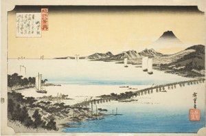 Esti fény a Seta hídnál (Seta no sekisho), a "Nyolc nézet Omira (Omi hakkei no uchi)" sorozatból alkotó: Utagawa Hiroshige