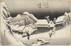 Esti hó Kanbarán a Tokaido 53 állomása sorozatból, 1833-1834 körül (színes fatömbnyomat)