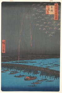 Tűzijáték a Ryogoku-hídnál, 1858 (színes fatömbnyomat)