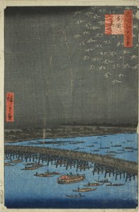 Filet rks a Rokokuban (Rokoku Fireworks), a „Ridges are dre d Fa nets View of Edo (Edo száz híres képe)” sorozatból. alkotó: Utagawa Hiroshige