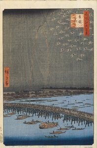 Tűzijáték a Ryogoku hídnál Edo száz híres képe, 1856-1858 alkotó: Utagawa Hiroshige