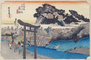 Fujisawa: a Yugyo-ji vagy Shojoko-ji, a Ji szekta buddhista temploma, az „Ötvenhárom állomás a Tokaidón” sorozatból, 1834-35 körül (színes fatömbnyomat)