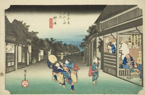 Goyu: Az utazókat megállító nők (Goyu, tabibito tomeru onna), a "Tokaido ötvenhárom állomása (Tokaido gojusan tsugi no uchi)" sorozatból, más néven Hoeido Tokaido alkotó: Utagawa Hiroshige