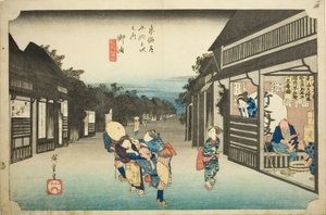 Goyu: Az utazókat megállító nők (Goyu tabibito tomeru onna), a „Tokaido ötvenhárom állomása (Tokaido gojusan tsugi no uchi)” sorozatból, más néven Hoeido Tokaido alkotó: Utagawa Hiroshige