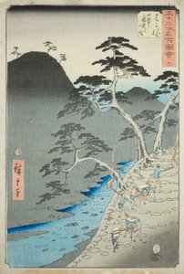 Hakone: Éjszakai körmenet a hegyekben (Hakone, sanchu yagyo no zu), sz. 11 az "Ötvenhárom állomás híres látnivalói (Gojusan tsugi meisho zue)" sorozatból, más néven Függőleges Tokaido alkotó: Utagawa Hiroshige