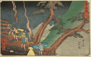 Hakone: Utazás fenyőfáklyákkal az éjszakában (Hakone, yonaka taimatsu tori) – Nem. 11, a "Tokaido ötvenhárom állomása (Tokaido gojusan tsugi)" sorozatból, más néven Reisho Tokaido alkotó: Utagawa Hiroshige