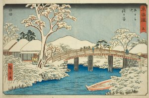 Hodogaya: Katabira folyó és Katabira híd (Hodogaya, Katabiragawa Katabirabashi) – 5. szám a "Tokaido ötvenhárom állomása (Tokaido gojusan tsugi)" sorozatból, más néven Reisho Tokaido alkotó: Utagawa Hiroshige