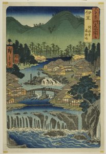 Izu tartomány: A Shuzen templom forró forrásai (Izu, Shuzenji tojiba), a "Hatvan-egynéhány tartomány híres helyei (Rokujuyoshu meisho zue)" sorozatból. alkotó: Utagawa Hiroshige