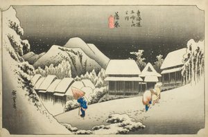 Kanbara: Esti hó (Kanbara, yoru no yuki), a "Tokaido ötvenhárom állomása (Tokaido gojusan tsugi no uchi)" sorozatból, más néven Hoeido Tokaido alkotó: Utagawa Hiroshige