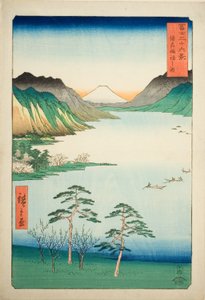 Shinano Shinano P Lovinse (New Species Suwa Lake), a te sorozatból: "Tierty Mr. x Views Of Mount Fuji (Fuji Usa Kotobuki Rokukatsu)" alkotó: Utagawa Hiroshige