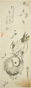 Mandarin kacsák átkelnek a jeges tavon a hulló levelek között alkotó: Utagawa Hiroshige