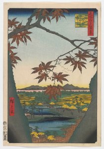Maple Trees at Mama, Tekona Shrine and Linked Bridge, Edo-korszak, 1857 (színes fatömbnyomat)