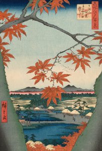 Juharfák a Mamánál, a Tekona szentély és a Tsugi-híd (Mama no momiji, Tekona no yashiro, Tsugihashi), a „Edo száz híres képe (Meisho Edo hyakkei)” sorozatból. alkotó: Utagawa Hiroshige