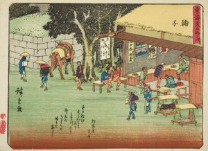 Mariko, a "Tokaido ötvenhárom állomása (Tokaido gojusan tsugi)" sorozatból, más néven Tokaido verssel (Kyoka iri Tokaido) alkotó: Utagawa Hiroshige