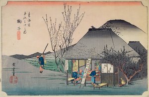 Mariko: a specialitásáról ismert teaház a „Fifty-three Stations on the Tokaido” sorozatból, 1834-35 körül (színes fatömbnyomat)