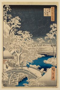 A megurói dob hídja és a Napnyugta-domb, az „Edo száz híres látképe” sorozatból alkotó: Utagawa Hiroshige