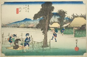 Minakuchi: Szárított tökforgács, helyi specialitás (Minakuchi, meibutsu kanpyo), a "Tokaido ötvenhárom állomása (Tokaido gojusan tsugi no uchi)" sorozatból, más néven Hoeido Tokaido alkotó: Utagawa Hiroshige