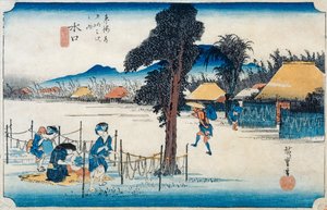 Minakuchi: a Kampyo híres produkciója a „Fifty-three Stations on the Tokaido” sorozatból, 1834-35 körül (színes fatömbnyomat)