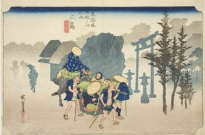 Mishima: Reggeli köd (Mishima, asagiri), a "Tokaido út ötvenhárom állomása (Tokaido gojusan tsugi no uchi)" sorozatból, más néven Hoeido Tokaido alkotó: Utagawa Hiroshige