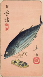 Morning Market at Nihon Bridge (Nihonbashi, asaichi), section of a sheet from the series "Cutouts of Famous Places in Edo (Harimaze Koto meisho)" alkotó: Utagawa Hiroshige