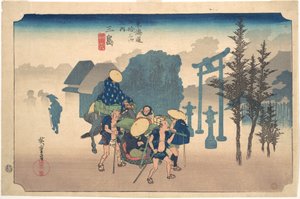 Reggeli köd Mishimánál alkotó: Utagawa Hiroshige