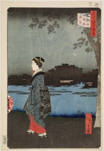 Éjszakai kilátás a Sanya-csatornára és a Matsuchi-hegyre, a „100 kilátás az Edo híres látképére” sorozatból, 1857 (fatömbnyomat)