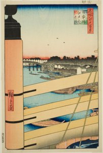 Japan B Ridge Plan d Edo B Ridge (Nihonbashi, Edobashi), a `` Ridge dre d fa net Views of Edo (Edo száz híres nézete) című sorozatból alkotó: Utagawa Hiroshige