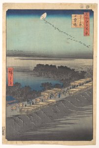 „A Nihon-gát Josiwaránál”, az Edo száz híres látképe című sorozatból (Meisho Edo hyakkei, Yoshiwara, Nihonzutsumi) alkotó: Utagawa Hiroshige