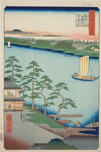 Niijuku komp (Niijuku no watashi), No.93 a "Száz híres nézet Edóról (Meisho Edo hyakkei)" sorozatból. alkotó: Utagawa Hiroshige