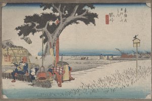 28. szám "Kültéri teázó Fukuroiban" A Tokaido 53 állomásáról