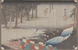 50. szám „Tsuchiyama: Tavaszi eső” Tokaido 53 állomásáról, 1834 körül