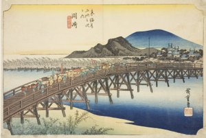 Okazaki: Yahagi híd (Okazaki, Yahagi no hashi), a "Tokaido ötvenhárom állomása (Tokaido gojusan tsugi no uchi)" sorozatból, más néven Hoeido Tokaido alkotó: Utagawa Hiroshige