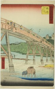 Okazaki: Yahagi híd a Yahagi folyón (Okazaki, Yahagigawa Yahagi no hashi), 39. az "Ötvenhárom állomás híres látnivalói (Gojusan tsugi meisho zue)" sorozatból, más néven Függőleges Tokaido alkotó: Utagawa Hiroshige