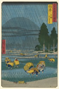 Ono, Távoli kilátás a Daisen-hegyről Hoki tartományban (Hoki, Ono, Daisen enbo), a "Híres helyek a hatvanpár tartományban (Rokujuyo-shu meisho zue)" sorozatból alkotó: Utagawa Hiroshige