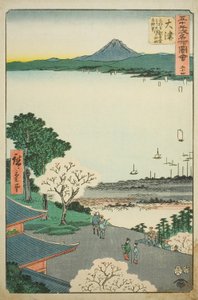 Otsu: Az Otsu és a tó távoli kilátása a Mii-templom Kannon-terméből (Otsu, Miidera Kannondo Yori Otsu No Machi Kosui Chobo), sz. 54 a "Az ötvenhárom állomás híres látnivalói (Gojusan Tsugi Meisho Zue)" sorozatból, más néven a Függőleges To alkotó: Utagawa Hiroshige