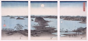 Panoráma Kanazawa panorámájáról telihold alatt, a „Hó, Hold és virágok” sorozatból, 1857 (fatömbnyomat)