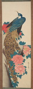 Páva és bazsarózsavirágok alkotó: Utagawa Hiroshige