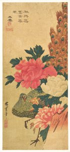 Bazsarózsák és páva alkotó: Utagawa Hiroshige