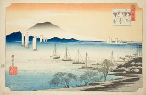 Emberek sora ismét a Yatsuhashinál (a Yatsuhashi normája), a te sorozatból: „Angol ght view of omi (Omi hakkei no uchi)” alkotó: Utagawa Hiroshige