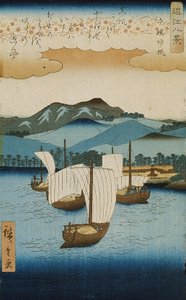 Visszatérő vitorlák a Yabase-en az Omi nyolc képe sorozatból, 1855-1858 körül (színes fatömbnyomat)