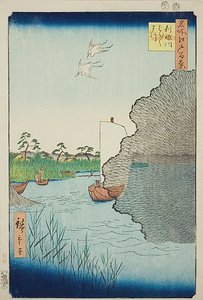 Szétszórt fenyők a Tone folyón (Tonegawa Barabara-matsu), No.71 a "Száz híres nézet Edóról (Meisho Edo hyakkei)" sorozatból. alkotó: Utagawa Hiroshige