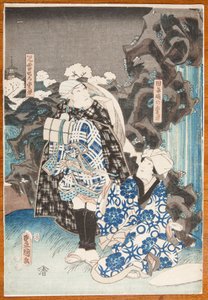 Színházi jelenet – egy nő és egy férfi egy vízesés előtt alkotó: Utagawa Hiroshige