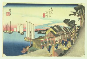 Shinagawa: egy Daimyo távozása, a későbbi kiadásokban Sunrise, 2. az „53 Stations of the Tokaido” („Tokaido gojusan tsugi no uchi”) sorozatból, pub. Hoeido, 1833 (oban méret, yoko-e- horiz