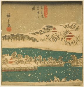 Shinobazu-tó hulló hóban (Shinobazu ike setchu no zu), egy lap része a "Híres kilátások a keleti fővárosban (Toto meisho)" című sorozatból. alkotó: Utagawa Hiroshige