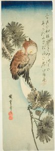 Kisszarvú bagoly, fenyő és félhold alkotó: Utagawa Hiroshige