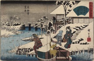 Havas jelenet a Mokubo-ji templomban és az Uekiya étteremben, kb. 1835-1842
