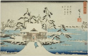 Hó az Inokashira-tó Benzaiten szentélyében (Inokashira no ike Benzaiten no yashiro yuki no kei), a "Hó, Hold és virágok a híres helyeken (Meisho setsugekka)" sorozatból alkotó: Utagawa Hiroshige